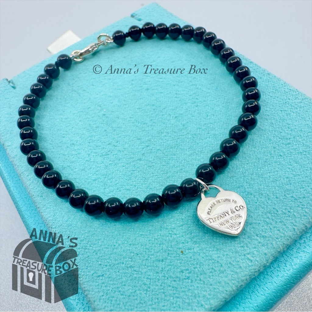 Tiffany & Co. 925 Silver 4mm Black Onyx Mini Rtt Heart 7" Bracelet (Pouch)